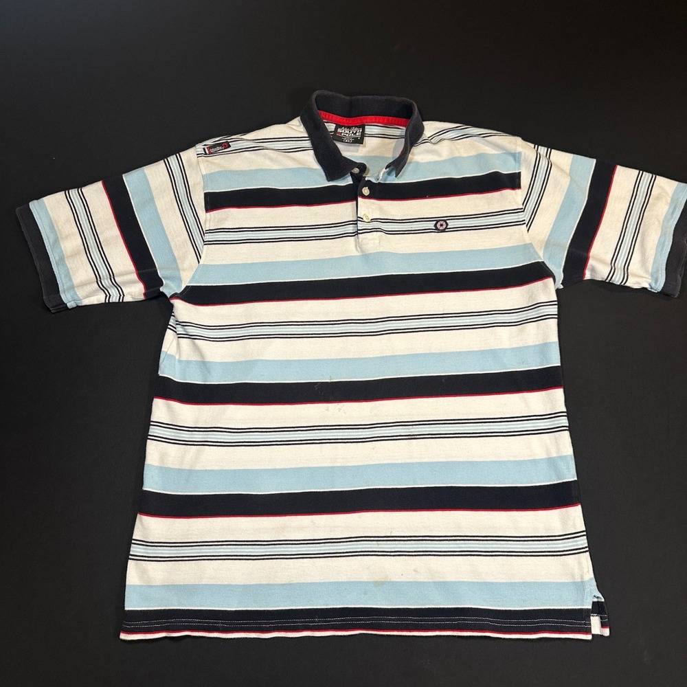 Y2K VTG Southpole Polo Shirt XL Blue White Striped Short Sleeve Streetwear Baggy